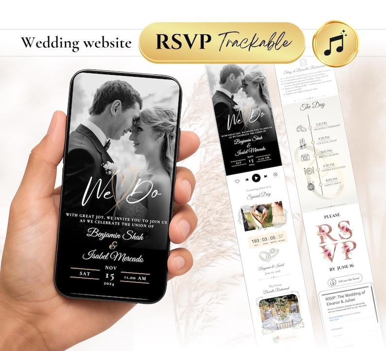 Wedding Invite Template | RSVP Music Track Responses Invitation Mariage Digital Wedding Invitation Countdown | Customizable Animated image 1