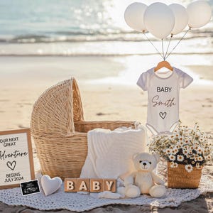 Editable Beach-Themed Pregnancy Announcement | Nautical Baby Reveal Template | Instant Download | Coastal Secret Surprise