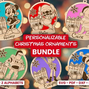 May include: A bundle of personalized Christmas ornaments featuring various cartoon characters. Each ornament is a wooden cutout with a character, a gift box, and a snowflake. The text "PERSONALIZABLE CHRISTMAS ORNAMENTS BUNDLE" is displayed.