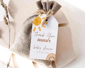 Editable Sun Baby Shower Favor Tags, Boho Sunshine Baby Shower Favor Tags, baby shower Gift tag 1208