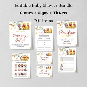 Lot de jeux de baby shower Winnie l'ourson classique bingo neutre entre les sexes imprimable carte vintage Winnie Bear jeu numérique fille garçon activité 1229