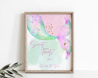 Letrero de mesa editable para fiesta de cumpleaños de sirena, letrero de fiesta, letrero de fiesta para niña en rosa, agua, morado y dorado bajo el mar, dulces decorativos 1124
