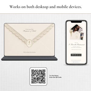 May include: A digital wedding invitation display on a laptop and smartphone screen, featuring a cream-colored envelope with lace trim and a wax seal. The text reads "A Love Letter From Benjamin & Isabel" and "Works on both desktop and mobile devices."