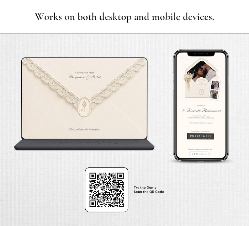 May include: A digital wedding invitation display on a laptop and smartphone screen, featuring a cream-colored envelope with lace trim and a wax seal. The text reads "A Love Letter From Benjamin & Isabel" and "Works on both desktop and mobile devices."