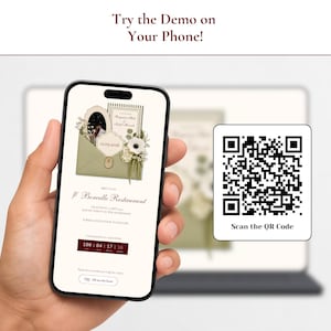 May include: A smartphone screen displaying a digital wedding invitation with a sage green envelope, floral accents, and a countdown timer. The text reads Try the Demo on Your Phone! and Scan the QR Code. A separate QR code is visible to the right.