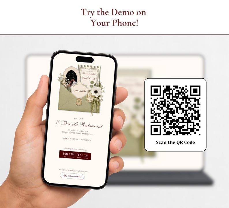 May include: A smartphone screen displaying a digital wedding invitation with a sage green envelope, floral accents, and a countdown timer. The text reads Try the Demo on Your Phone! and Scan the QR Code. A separate QR code is visible to the right.