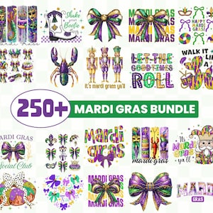 Könnte beinhalten: Eine Sammlung von Grafiken und Designs zum Thema Mardi Gras. Das Bild enthält Schleifen, Masken, Nussknacker und Textelemente wie "Mardi Gras Bundle" und "Shake Your Bootie". Die Farbpalette umfasst Lila, Grün und Gold.