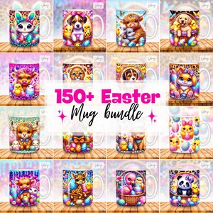 Puede incluir: Una colección de tazas de cerámica con diseños temáticos de Pascua. Las tazas presentan varios animales como conejos, cachorros y jirafas, junto con huevos de Pascua y patrones florales. El texto "150+ Easter Mug bundle" está visible.