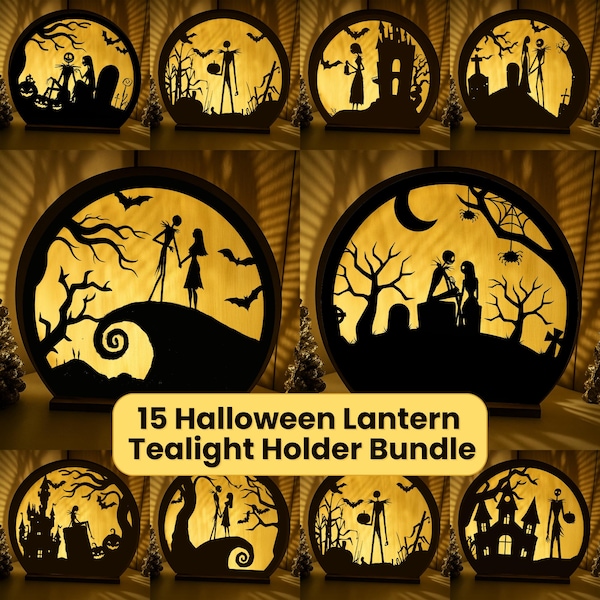 Griezelige nachtmerrie kerst Halloween lantaarn theelichthouder bundel, nachtmerrie heks boomhut vleermuizen spookscène lamp lasergesneden digitaal