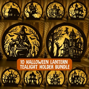 以下が含まれることがあります： ハロウィーンランタンティーライトホルダー10個セット。各黒色の円形ホルダーは、お化け屋敷、魔女、コウモリなど、ユニークなシルエットデザインが特徴です。「10 Halloween Lantern Tealight Holder Bundle」というテキストがオレンジ色の背景に表示されています。