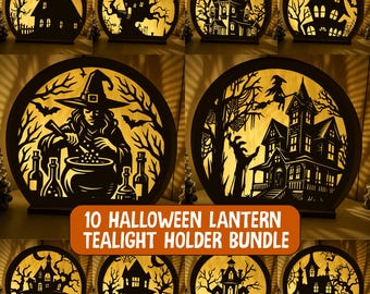 May include: A collection of ten Halloween lantern tealight holders. Each black, circular holder features a unique silhouette design, including haunted houses, witches, and bats. The text "10 Halloween Lantern Tealight Holder Bundle" is displayed on an orange background.