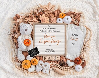 Herbst-Schwangerschaftsankündigung, Babymitteilung, digitaler Download, bearbeitbare Vorlage, Social Media Reveal, Instagram, Kürbis, den wir erwarten