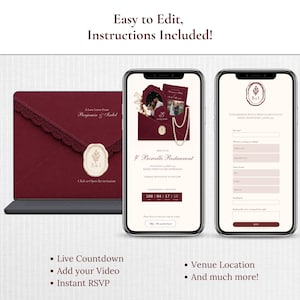 Op de afbeelding: Een digitaal trouwuitnodigingssjabloon weergegeven op twee smartphones en een tablet. Het ontwerp bevat een dieprode envelop met kanten rand, een waszegel en een afteltimer. De tekst bevat "Easy to Edit, Instructions Included!" en "Live Countdown, Add your Video, Instant RSVP, Venue Location, And much more!"