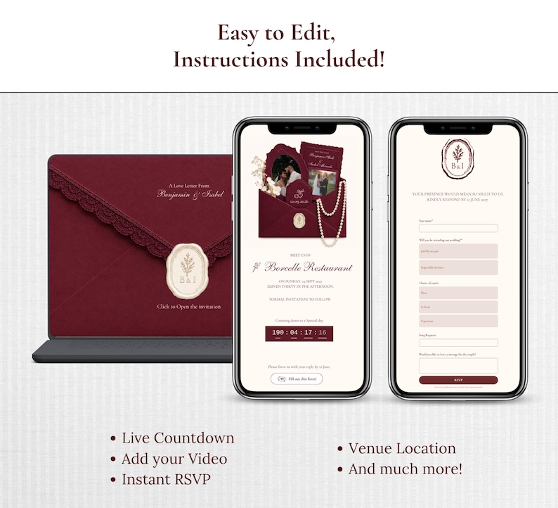 Op de afbeelding: Een digitaal trouwuitnodigingssjabloon weergegeven op twee smartphones en een tablet. Het ontwerp bevat een dieprode envelop met kanten rand, een waszegel en een afteltimer. De tekst bevat "Easy to Edit, Instructions Included!" en "Live Countdown, Add your Video, Instant RSVP, Venue Location, And much more!"