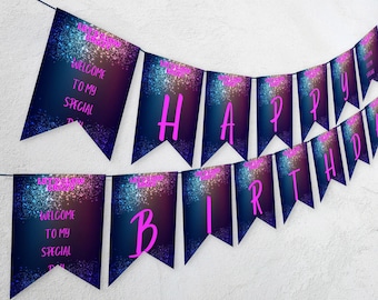Editable Neon Glow Birthday Banner, Glow In The Dark Birthday Party Celebration banner Decoration 1247