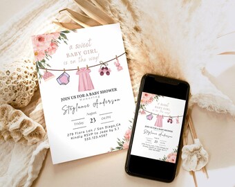 Girl Baby Clothes Baby shower Invitation A sweet baby Girl is on her way Laundry Pink Floral Boho baby Editable Printable Download 1118