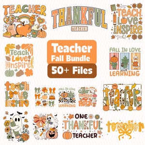 Op de afbeelding: Een verzameling herfstthema-ontwerpen voor leraren. De ontwerpen bevatten pompoenen, bladeren en de woorden "Teacher", "Thankful", "Teach Love Inspire" en "Fall in Love with Learning". De bundel bevat meer dan 50 bestanden.