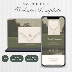 May include: A digital save the date website template displayed on a laptop and smartphone screen. The design features a cream-colored envelope with lace trim, the text Benjamin & Isabel, and Borcelle Restaurant. Includes Canva, guide, and RSVP form.