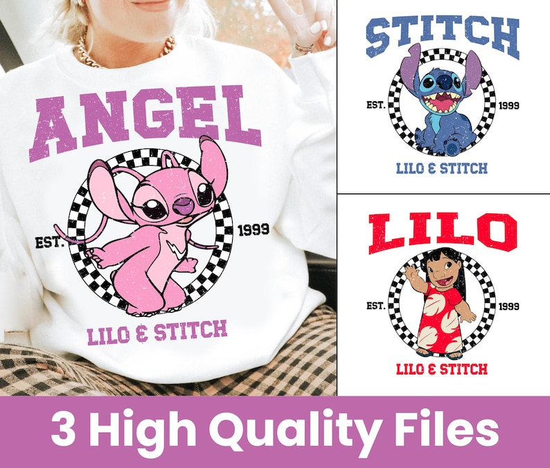 Puede incluir: Sudadera blanca con la palabra "ANGEL" en letras moradas sobre un personaje de dibujos animados rosa dentro de un c&iacute;rculo a cuadros blanco y negro. Tambi&eacute;n est&aacute; presente el texto "LILO & STITCH" y "EST. 1999".