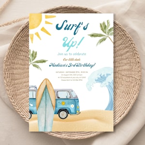 Invitación editable para fiesta de cumpleaños de Surf's Up, fiesta en la playa con tabla de surf retro, invitación para surfista The Big One, descarga la plantilla Corjl Digital 092