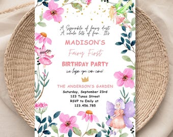 Editable Fairy First Birthday Invitation Fairy Garden Birthday Fairy Forest Girl 1st Birthday Magical Download Printable Template 1193