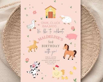 Editable Farm Birthday Invitation Girl Farm Animals Pink Barnyard Party Modern Pastel Download Printable Invite Template Digital 059