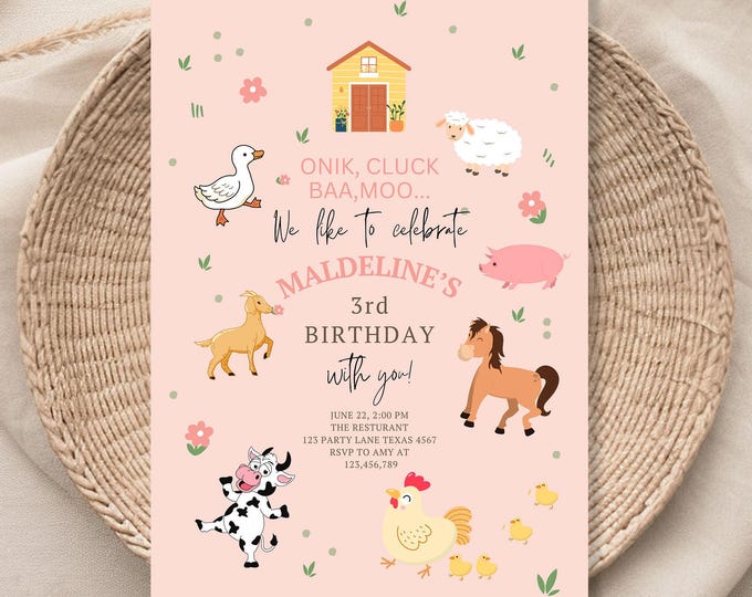 Editable Farm Birthday Invitation Girl Farm Animals Pink Floral ...
