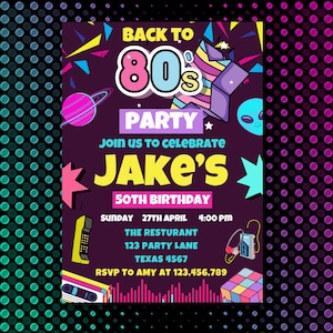 Modèle d'invitation à une fête des années 80 modifiable, thème des années 80, célébration des années 80, design d'anniversaire rétro, style hip hop