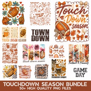 May include: A selection of digital designs with a football theme. The designs include footballs, helmets, bows, and text such as "Touchdown Season" and "Game Day." The color palette features shades of brown, orange, and white, ideal for autumn.
