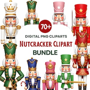 Può includere: Una collezione di figure di clipart di schiaccianoci colorati in varie uniformi, tra cui rosso, verde, rosa e blu. L'immagine include il testo "70+ DIGITAL PNG CLIPARTS NUTCRACKER CLIPART BUNDLE."