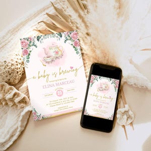 Baby Shower Tea Party Invitation, Baby is Brewing Baby Brunch Invite, Blush Pink Gold Floral Electronic Invitation Phone Template 1198