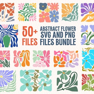 Op de afbeelding: Een verzameling kleurrijke abstracte bloemontwerpen in vierkante kaders. De afbeelding toont verschillende bloemarrangementen in tinten oranje, roze, blauw en groen. De tekst luidt "50+ FILES ABSTRACT FLOWER SVG AND PNG FILES BUNDLE".