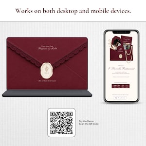 Op de afbeelding: Een digitale uitnodigingsweergave met een bordeauxrode envelop met kanten rand en een waszegel op een laptopscherm, naast een mobiele telefoon met uitnodigingsdetails, een afteltimer en een QR-code met de tekst Try the Demo.