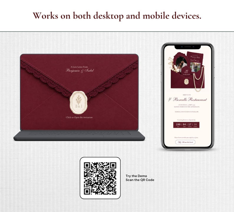 Op de afbeelding: Een digitale uitnodigingsweergave met een bordeauxrode envelop met kanten rand en een waszegel op een laptopscherm, naast een mobiele telefoon met uitnodigingsdetails, een afteltimer en een QR-code met de tekst Try the Demo.