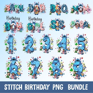 May include: A collection of PNG images featuring the character Stitch from Lilo & Stitch. The images include words like "Baby," "Dad," "Bro," "Mom," "Boy," "Girl," "Sis," and "Papa," along with numbers 1-9, all in a blue and red color scheme.