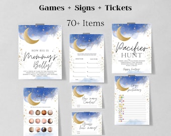 Over the Moon Baby Shower Games, Printable, Moon and Stars Baby Shower Game Bundle, Blue Twinkle Twinkle Little Star Baby Shower Games 1201