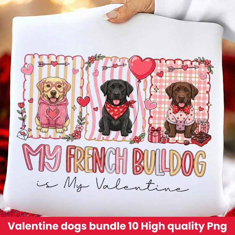 Peut inclure: Image d'un motif blanc avec trois chiens de dessin anim&eacute; habill&eacute;s pour la Saint-Valentin. Le texte dit "My French Bulldog is My Valentine". Les chiens sont un labrador jaune en pull rose, un labrador noir avec un bandana rouge et un labrador marron en chemise &agrave; motifs de c&oelig;urs.