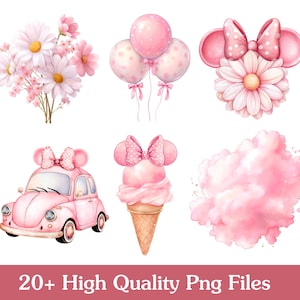 Pu&ograve; includere: Illustrazioni ad acquerello di margherite rosa, palloncini, un'auto, un gelato e una nuvola. I palloncini e l'auto hanno fiocchi. Il testo in basso recita "20+ High Quality Png Files".