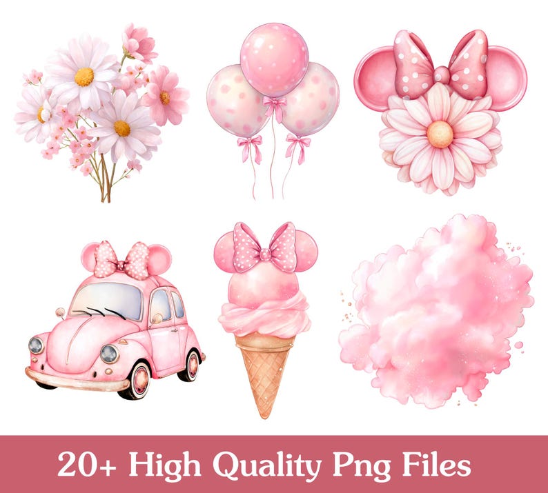 Pu&ograve; includere: Illustrazioni ad acquerello di margherite rosa, palloncini, un'auto, un gelato e una nuvola. I palloncini e l'auto hanno fiocchi. Il testo in basso recita "20+ High Quality Png Files".