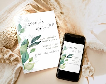 Save The Date Template, Eucalyptus Save the Date Digital Download, Smartphone, Greenery Save the Date Digital Template, Editable template
