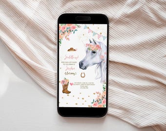 Editable Horse Birthday Invitation Mobile Girl Saddle Up Watercolor Cowgirl Party Horse Invite Pink Floral Download Printable Template 058