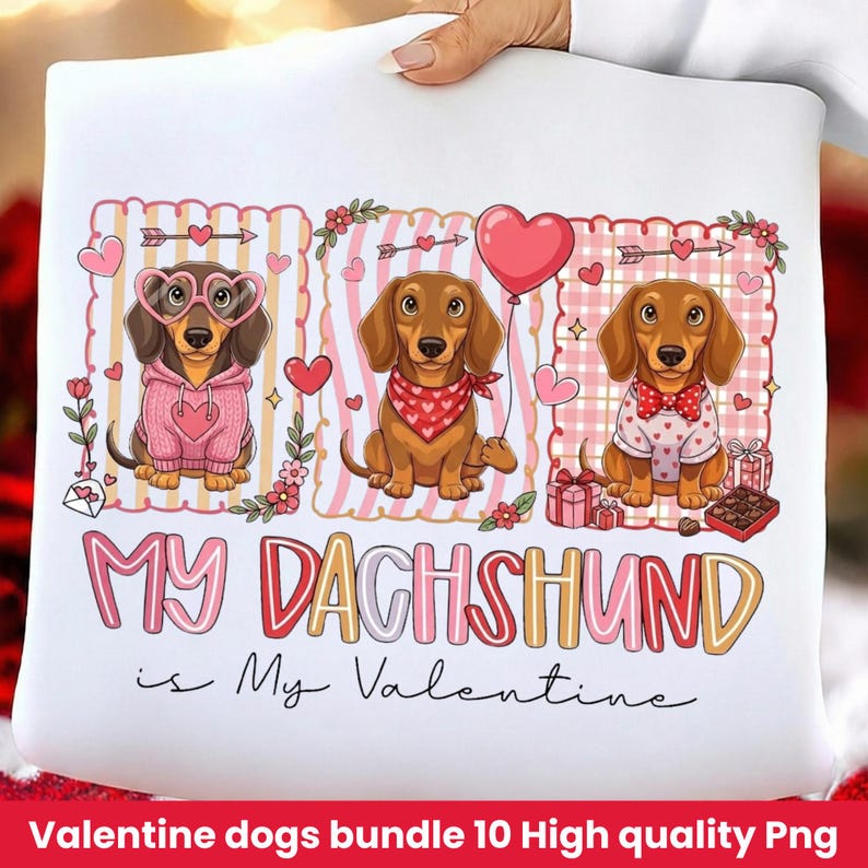 Peut inclure: Coussin blanc avec un motif de Saint-Valentin repr&eacute;sentant trois teckels. Les chiens portent des lunettes en forme de c&oelig;ur, un bandana rouge et un n&oelig;ud papillon. Le texte dit "My Dachshund is My Valentine".
