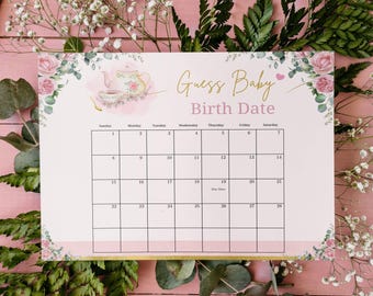 Bearbeitbarer Babyparty-Fälligkeitsdatumskalender, errate Geburtsdatum, erröten Sie rosa Goldblumenbaby-Geburtstagskalender, Babyparty 1198
