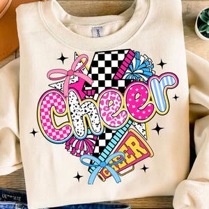 Cheer Png, Preppy Cheer Mom Shirt Sublimation, Cheer Season Png, Team Spirit Png, Cheerleader Coquette Png, Colorful Checker Bow Pom Pom Png