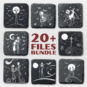 May include: A set of black slate coasters with white illustrations of characters and scenes from a popular animated film. The coasters feature characters, bats, moons, and the text "20+ FILES BUNDLE".