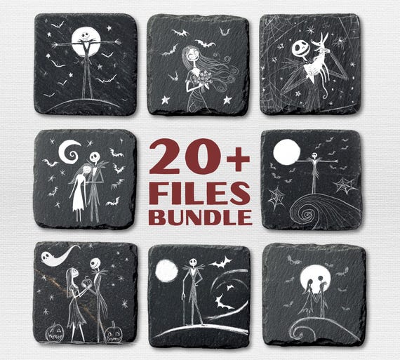 Halloween Nightmare Christmas slate engraving files, Halloween Laser Burn File, Mikey Mini laser engrave, glowforge, Spooky Slate Coasters
