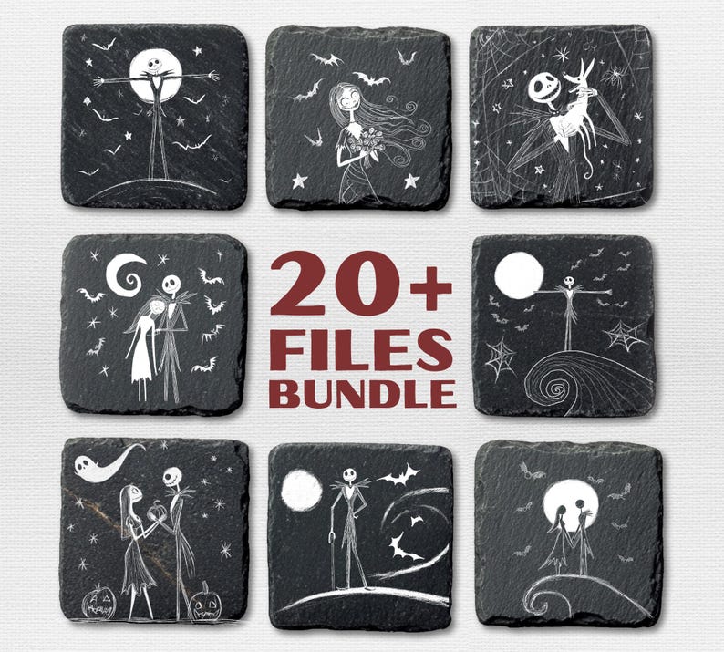 May include: A set of black slate coasters with white illustrations of characters and scenes from a popular animated film. The coasters feature characters, bats, moons, and the text "20+ FILES BUNDLE".
