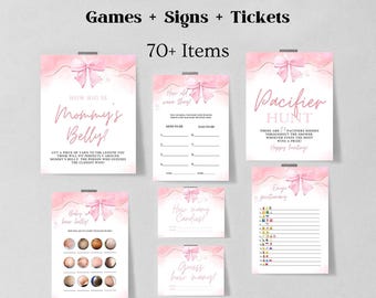 Könnte beinhalten: Ein Satz druckbarer Babyparty-Spielkarten mit rosafarbenen Aquarellhintergründen und goldenen Akzenten. Die Karten zeigen Spiele wie "Wie groß ist Mamas Bauch?", "Wie viele Bonbons?", "Errate wie viele" und "Schnullerjagd".