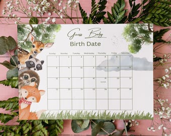 Editable Woodland Boy Baby Shower Due Date Calendar, Guess Birth Date, Guess Baby Birthday Calendar, Boy Forest Animals invite 1150