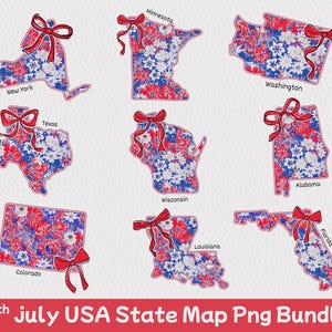 USA State Map PNG Bundle - 4. Juli Blumenmuster, Vaterländische Bundesstaat Karten mit Bögen, Rot, Weiß und Blau Thema, PNGs zum Gedenktag